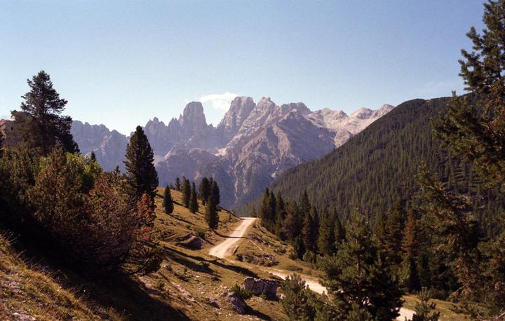 A winding dirt road leads through a valley with pine trees and mountains under a clear sky.