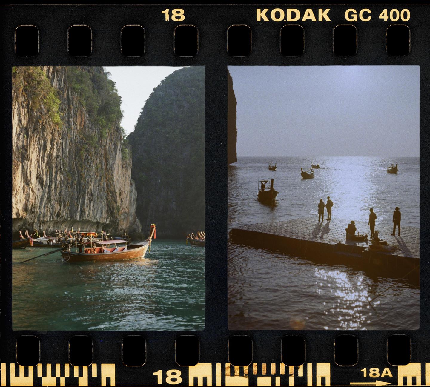 Two images are presented side-by-side, with the left showing boats near a cliff face and the right showing people and boats on water with a bright reflection.