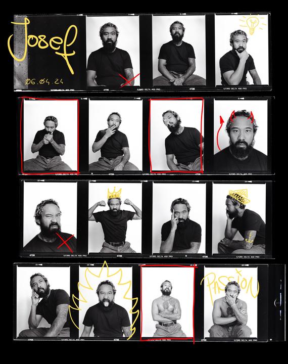 A contact sheet displays multiple black and white portraits of a man with a beard and tattoos, some with yellow drawings on them.