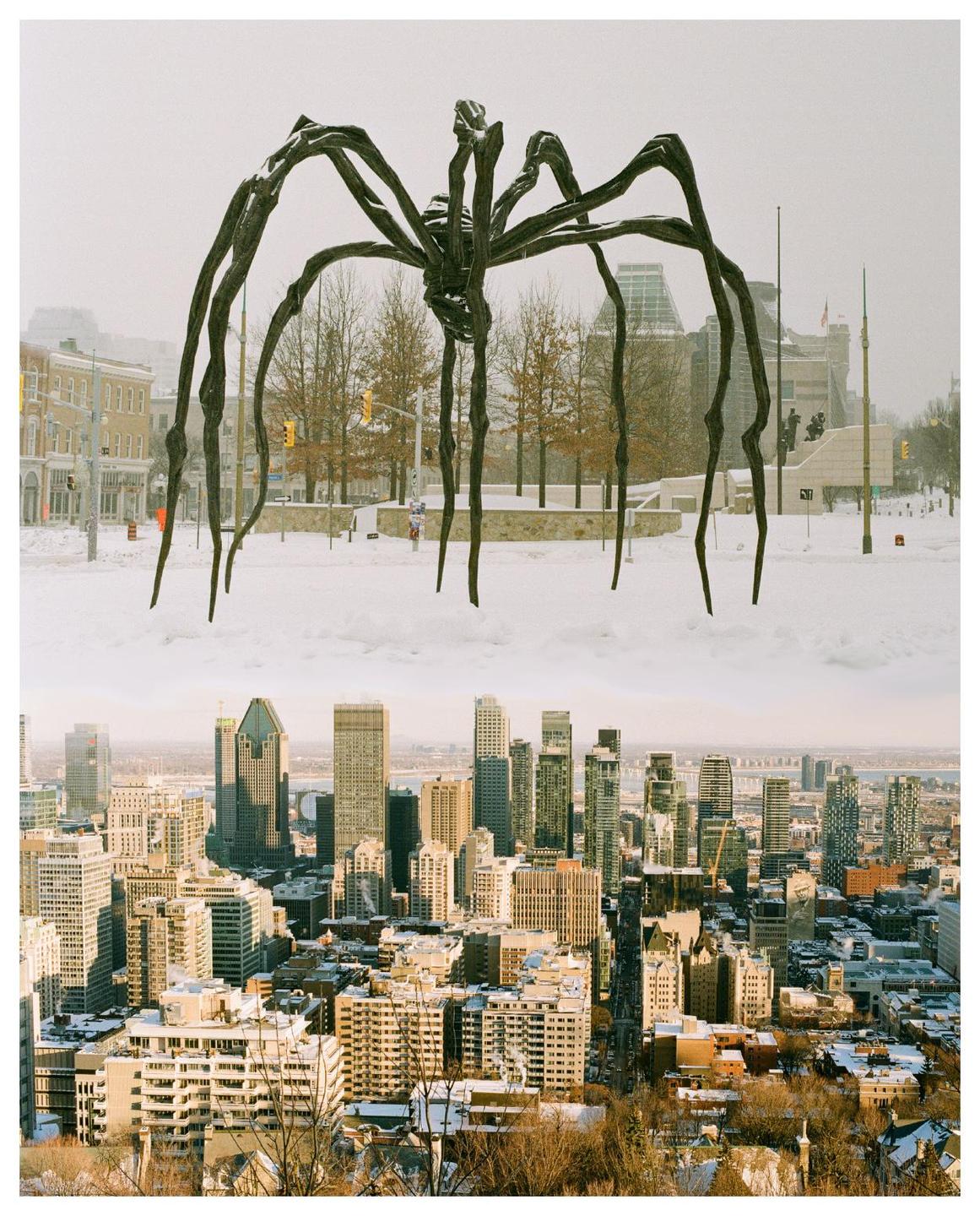 A double exposure shows a large spider sculpture in a snowy landscape and a city skyline.