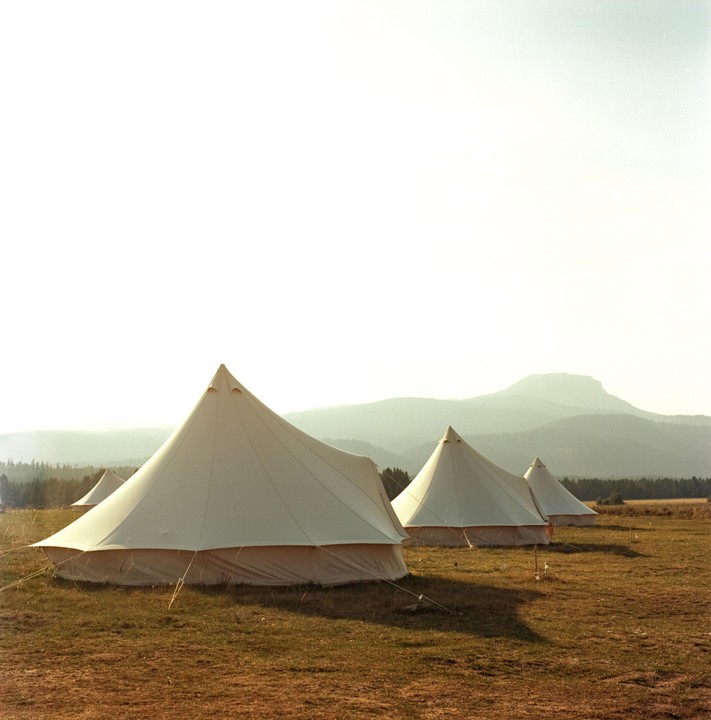 Several white bell tents are pitched in a grassy field with mountains in the background.