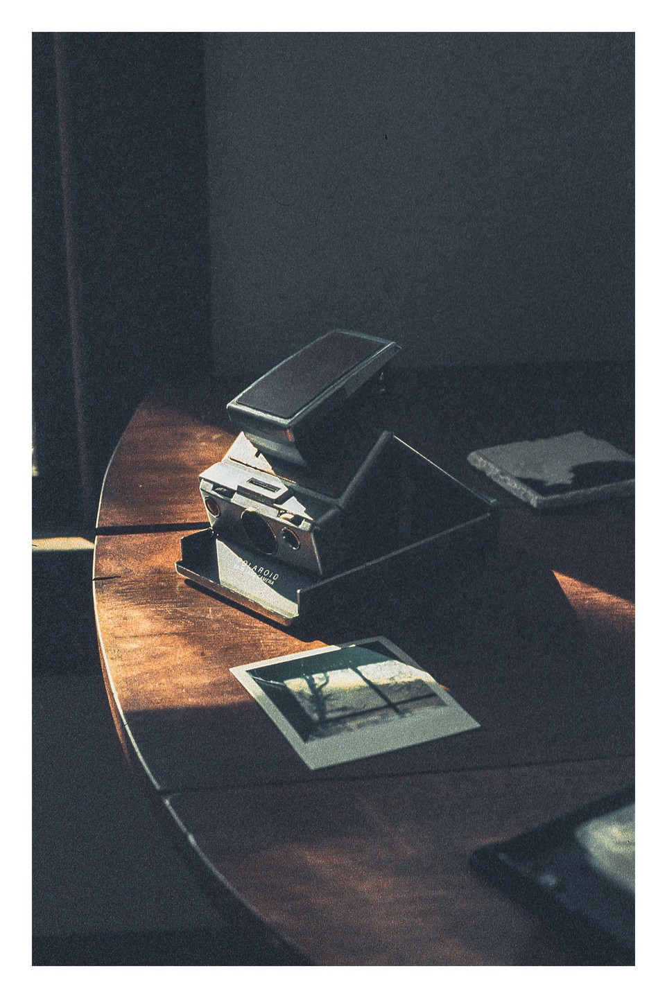 A vintage instant camera and a developed instant photo sit on a wooden table bathed in sunlight.