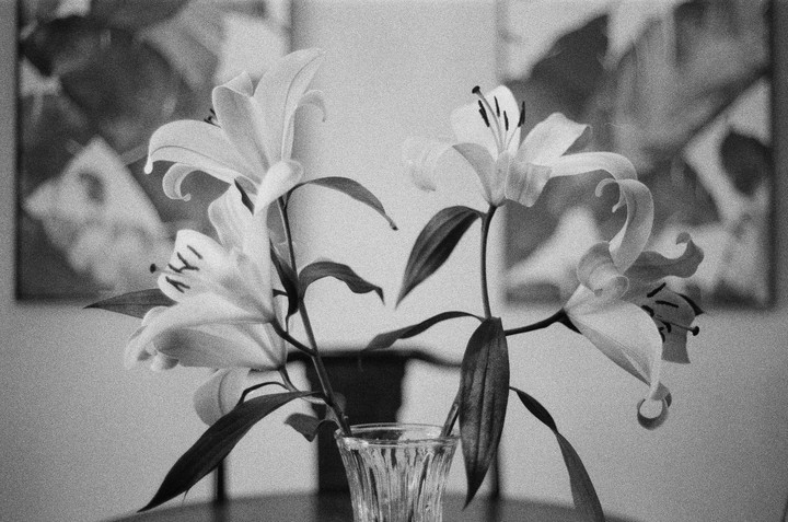 A bouquet of lilies in a glass vase is placed in front of two framed pictures.