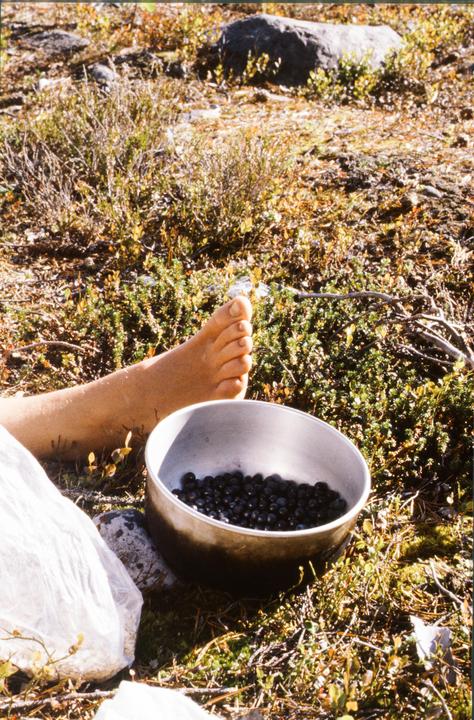 A person's foot rests on the ground next to a bowl filled with blueberries.