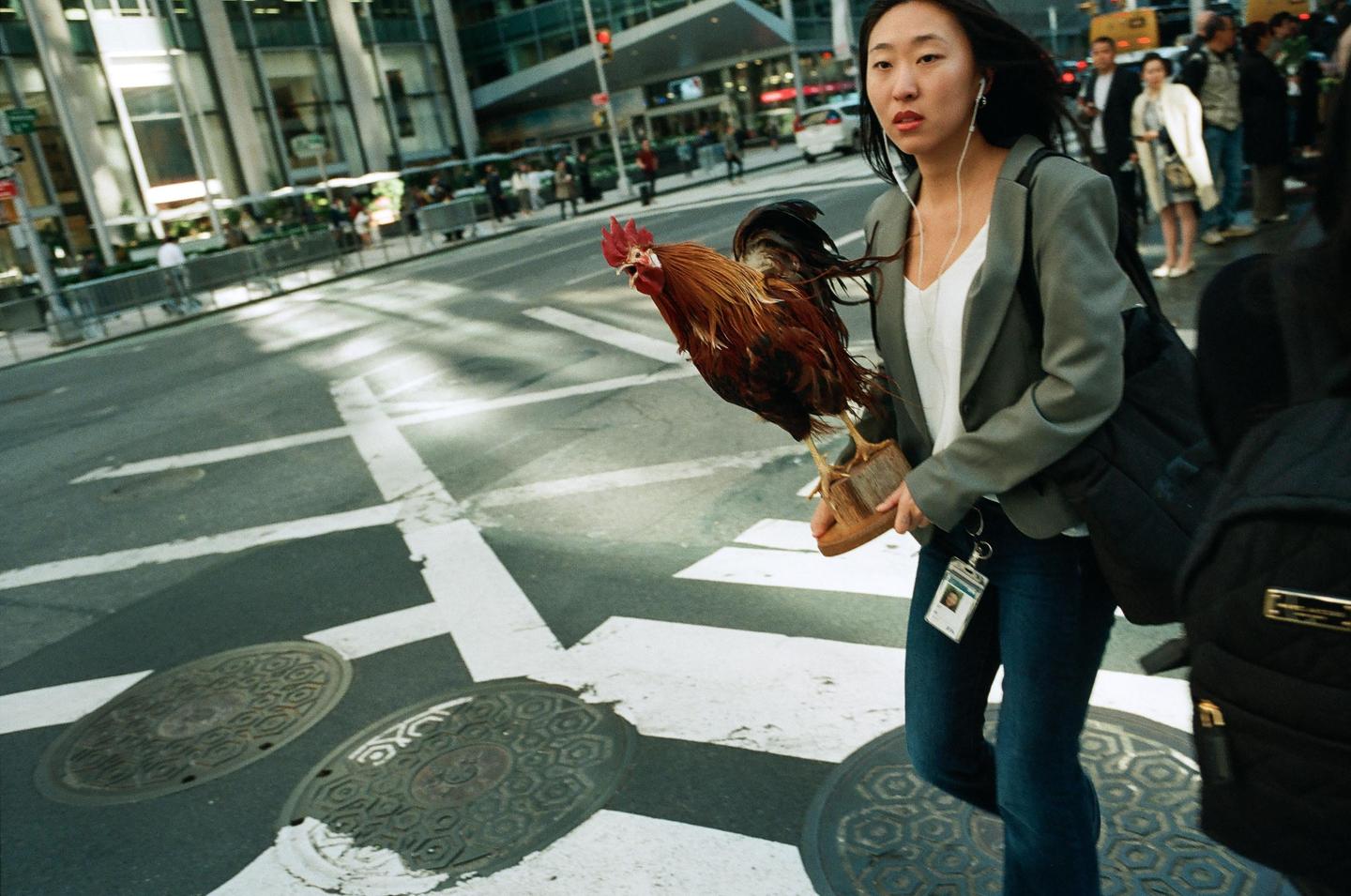 A woman carries a rooster on a busy city street.