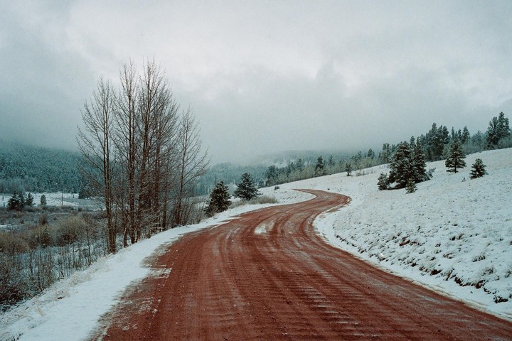 A winding dirt road cuts through a snowy landscape with evergreen trees and bare deciduous trees under a cloudy sky.