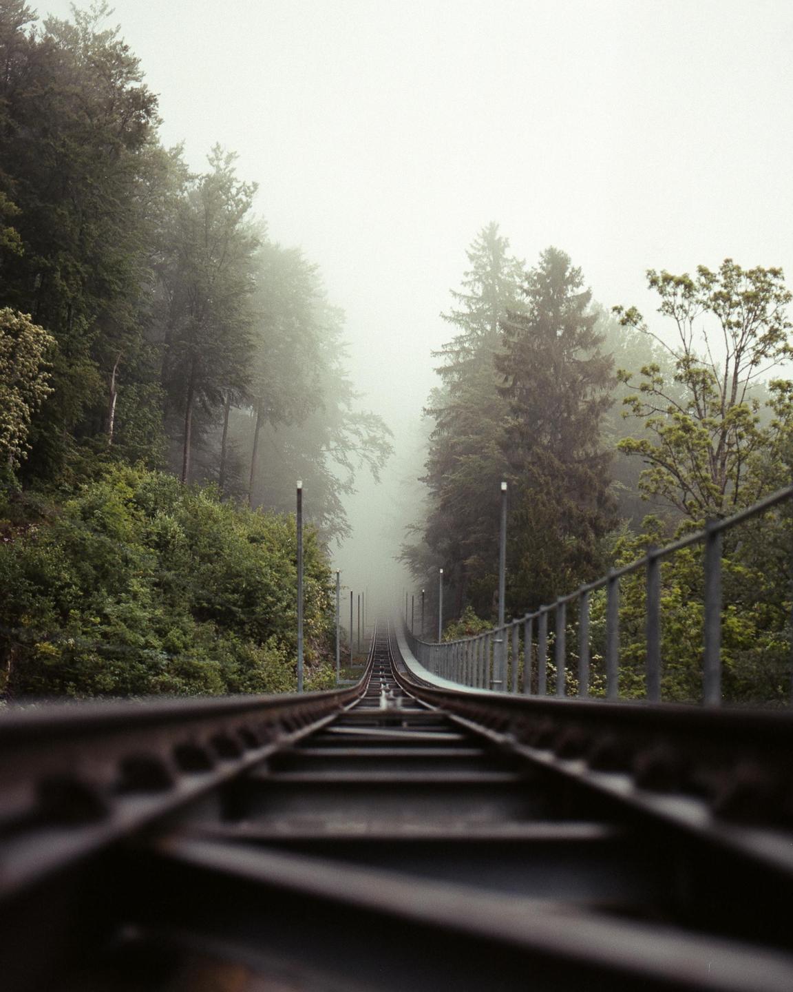 A railway track ascends a steep incline into a dense fog, flanked by a forest and a metal railing.