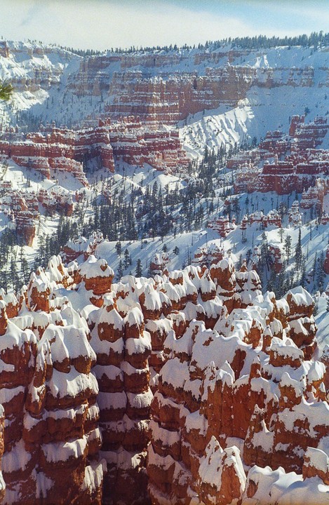 A vast landscape of snow-covered red rock formations and pine trees is visible under a bright sky.