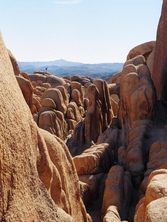 A person stands atop a large rock formation in a desert landscape with mountains in the distance.