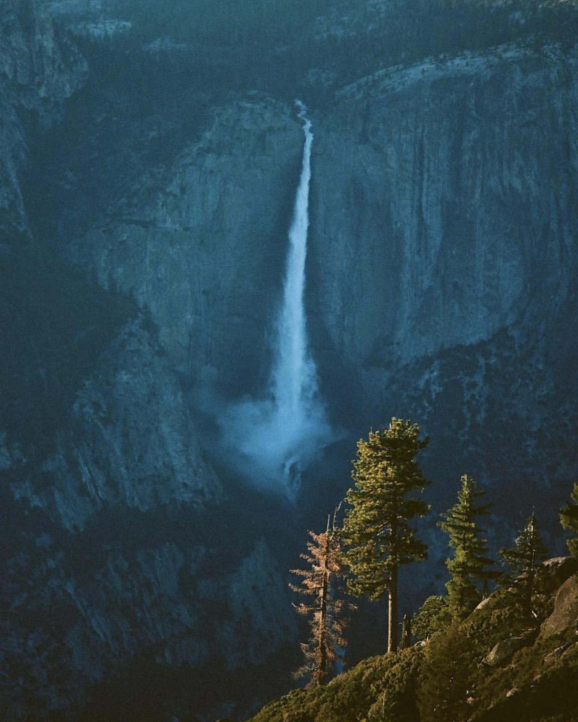 A tall waterfall cascades down a dark cliff face with trees in the foreground.