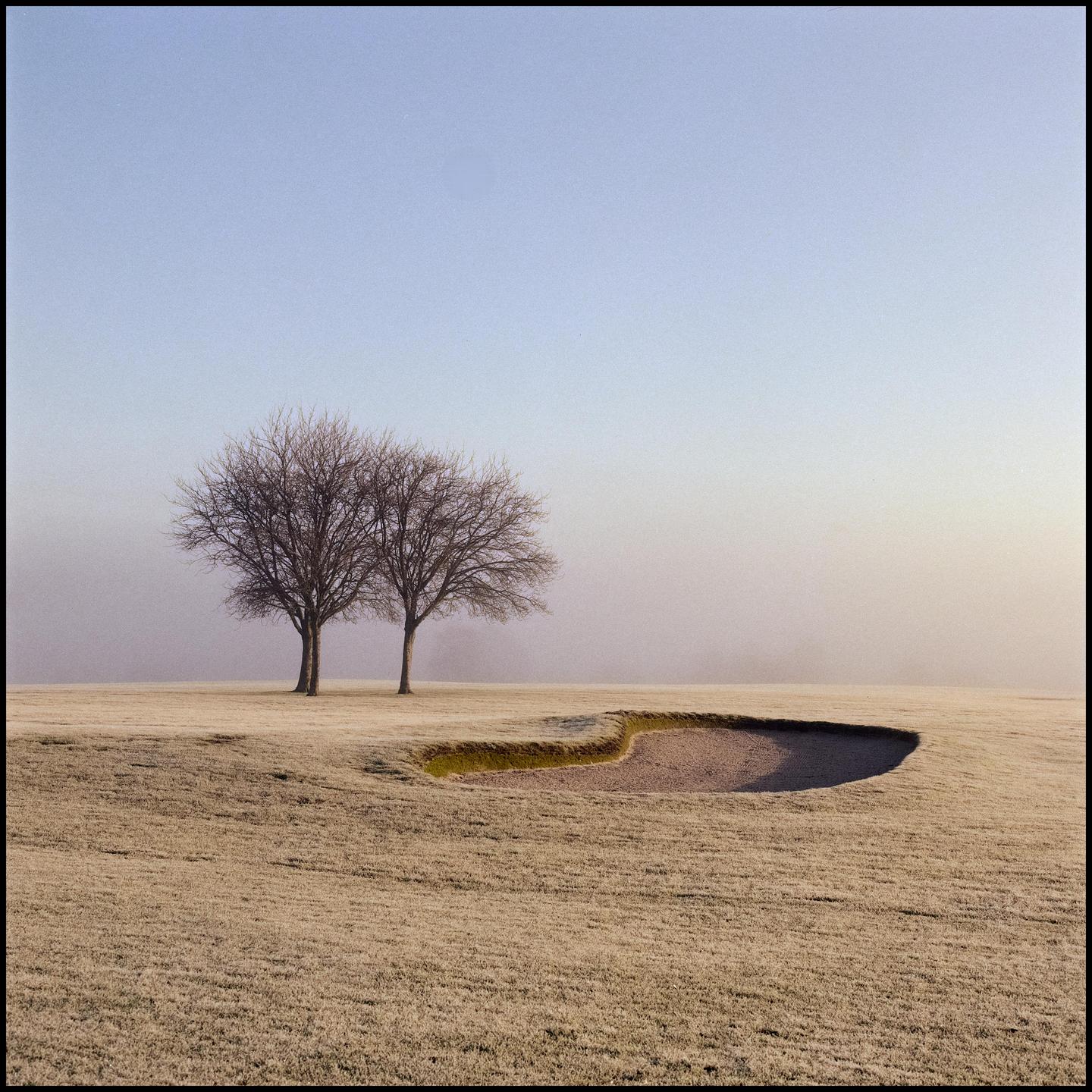 Two bare trees stand in a frosty field next to a sand trap.