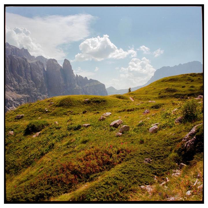 A grassy hillside with scattered rocks leads up to a distant mountain range under a partly cloudy sky.