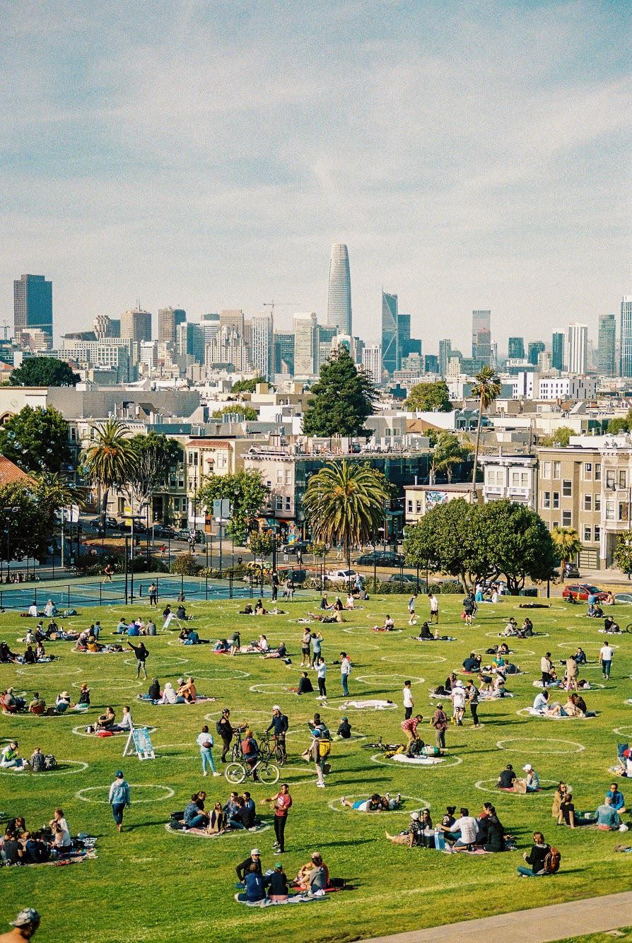 People are sitting in circles on a grassy hill overlooking a city skyline.