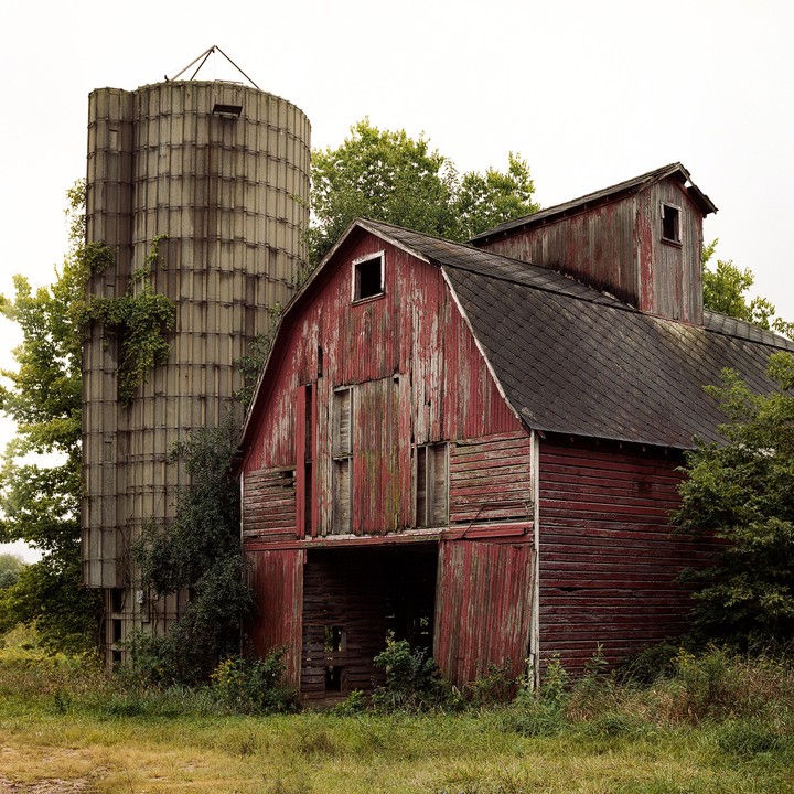 An old red barn with peeling paint stands next to a concrete silo covered in vines.