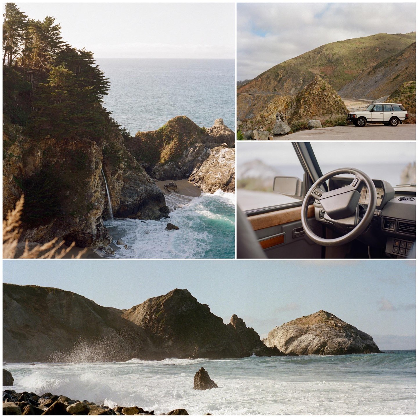 A collage shows a waterfall flowing into the ocean, a white vehicle parked on a mountain road, the interior of a vehicle, and waves crashing on a rocky shore.