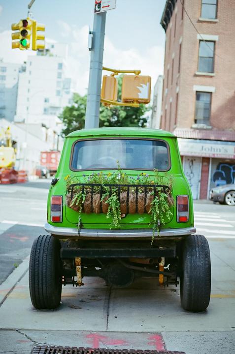 A green car with a planter full of plants on its rear bumper is parked on a city street.