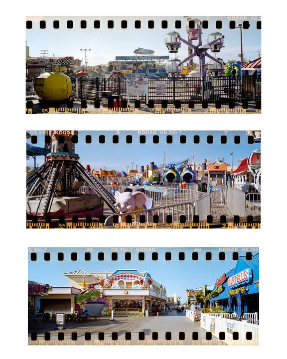 Three images show an amusement park with rides and boardwalk shops under a clear sky.