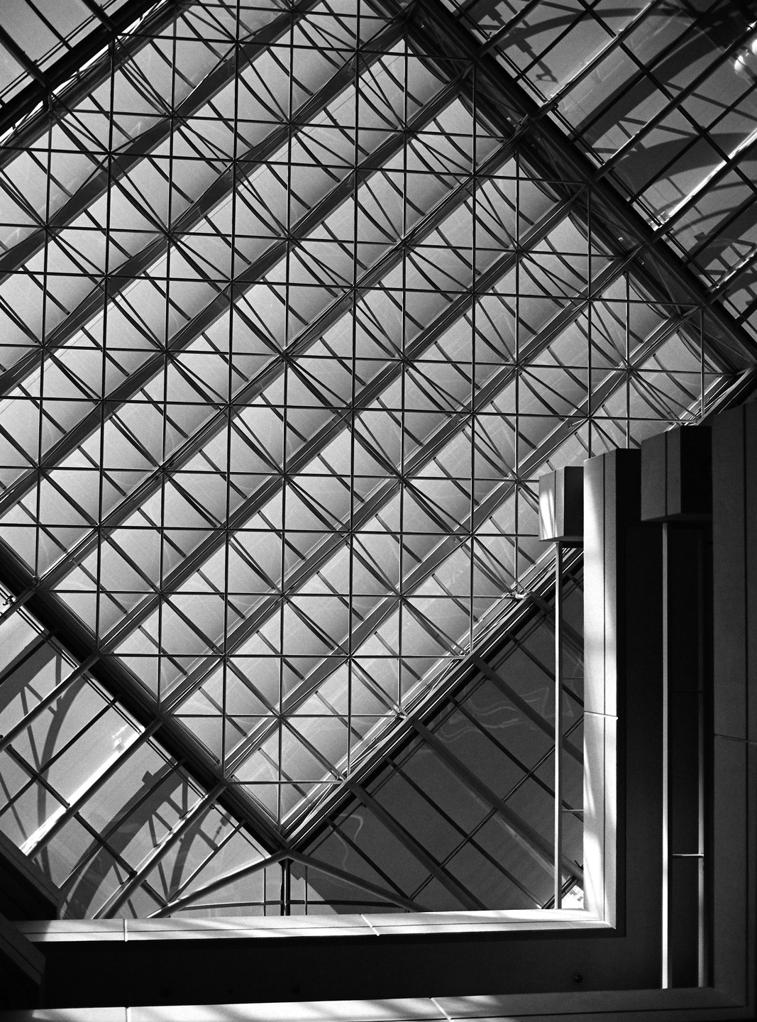 A black and white abstract architectural shot shows a grid of square and triangular glass panels on a ceiling.