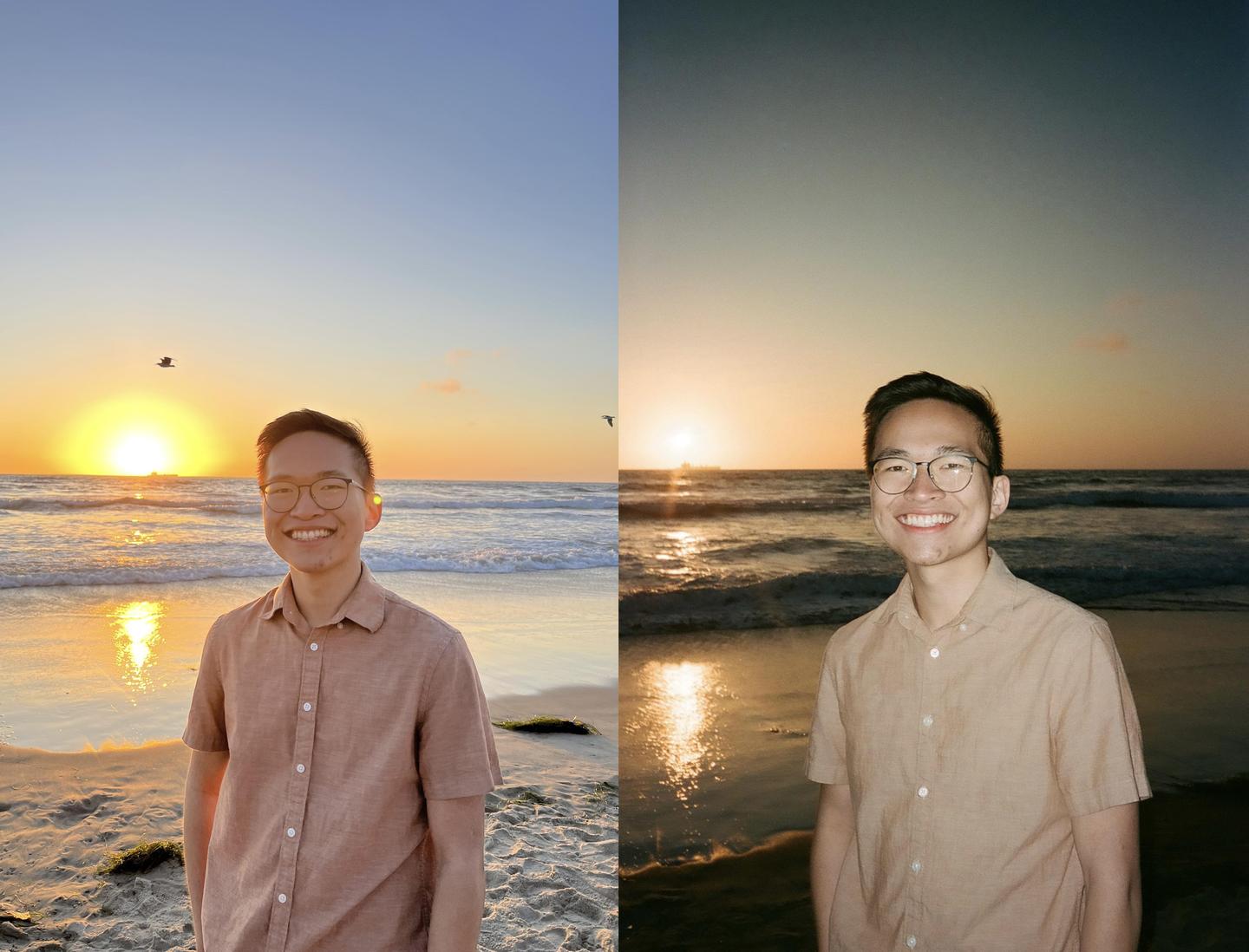 A man smiles at the camera on a beach with the sun setting over the ocean.