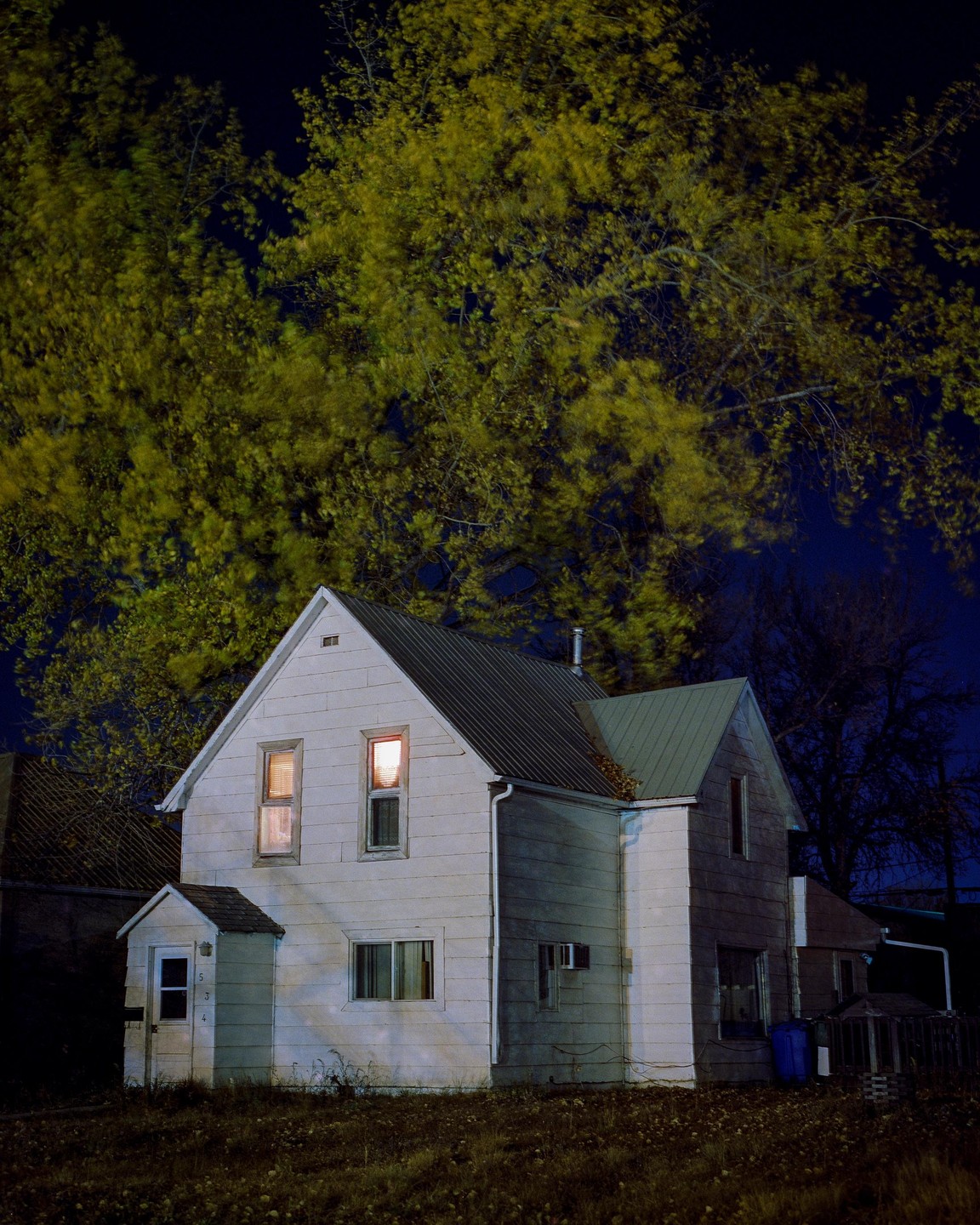 A white house with illuminated windows stands under a large tree with yellow foliage at night.