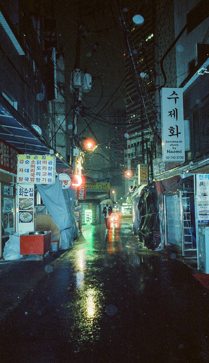 A person with an umbrella walks down a narrow, wet street lined with shops and signs at night.