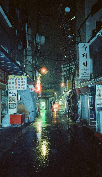 A person with an umbrella walks down a narrow, wet street lined with shops and signs at night.