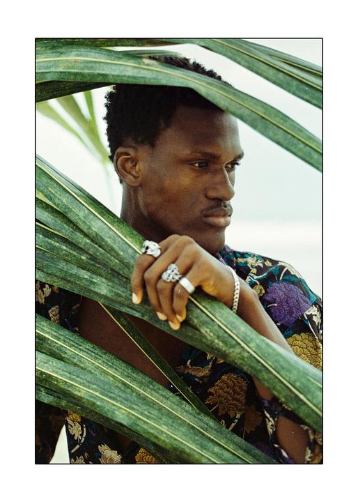 A man with rings on his fingers is partially obscured by large green leaves.