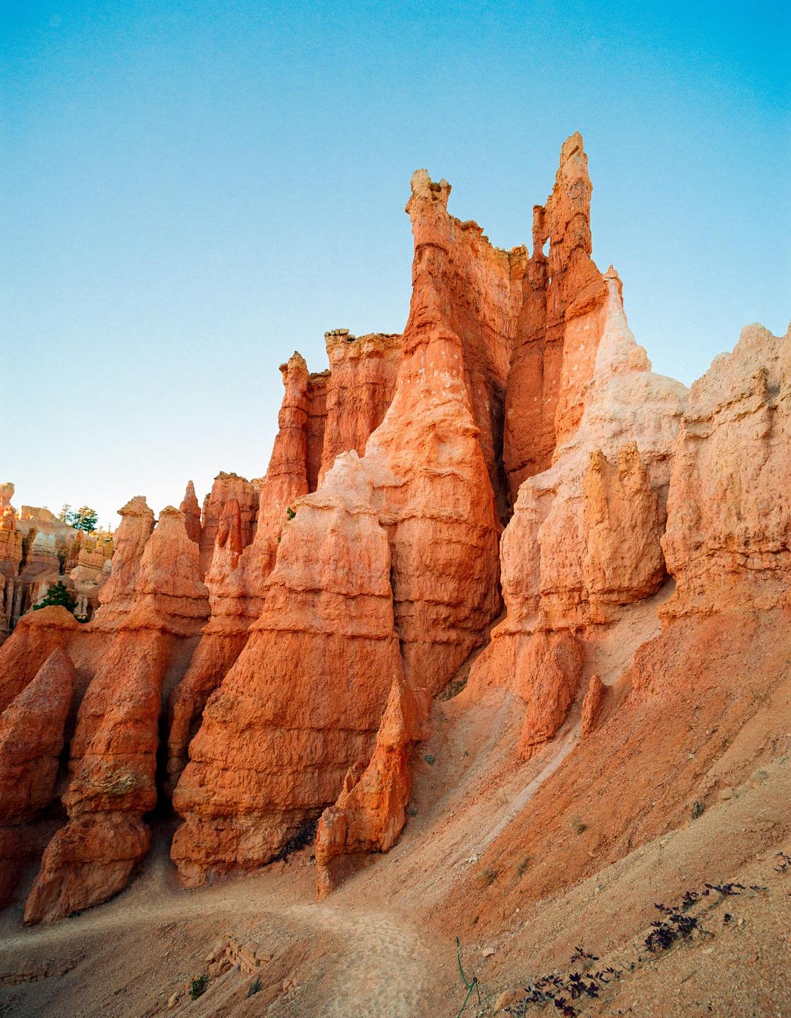 A dirt path winds through towering red rock formations under a clear blue sky.