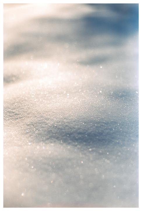 A close-up view shows sparkling snow with soft shadows and highlights.