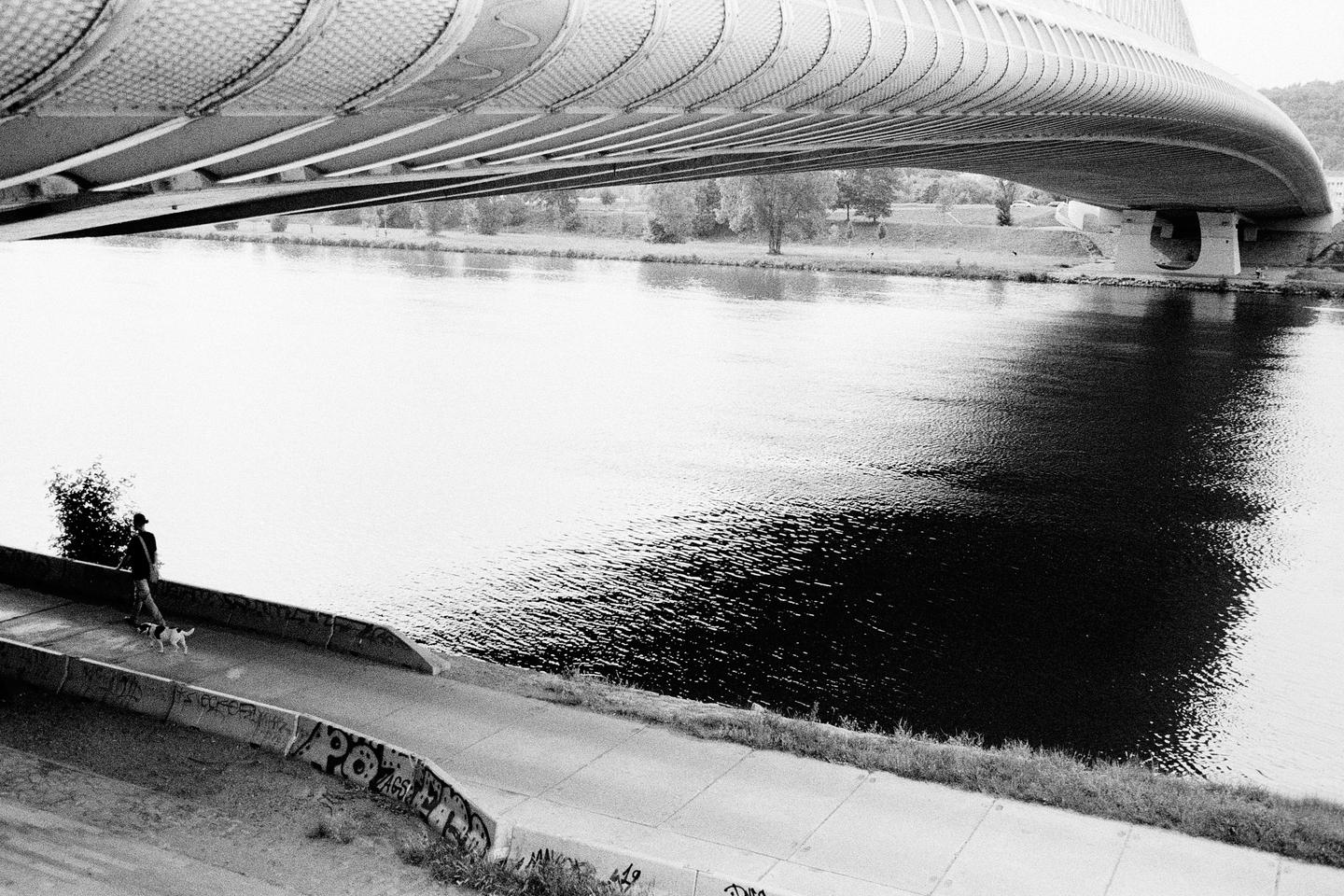 A person walks a small dog along a concrete path next to a river, with a large bridge overhead.