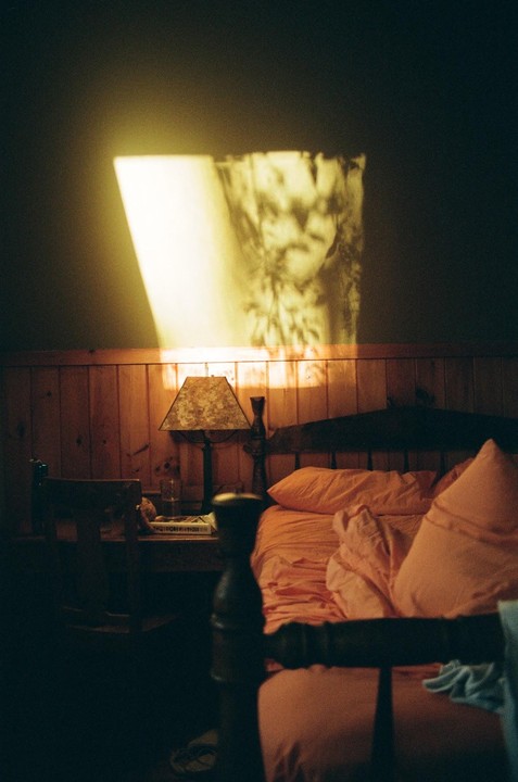 Sunlight casts a bright rectangle and a shadow of foliage onto a dark wall above a wooden headboard and a bed with orange sheets.