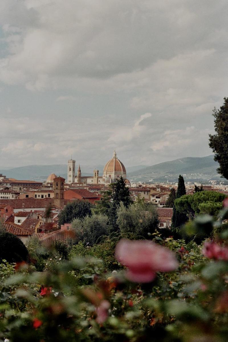 A cityscape of Florence with its iconic dome and bell tower is seen from a garden with blurred pink flowers in the foreground.