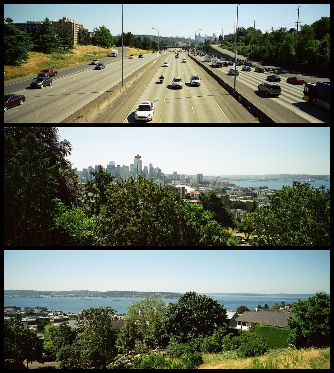 Three horizontal panels show a highway with cars, a city skyline with a prominent tower, and a body of water with distant land.