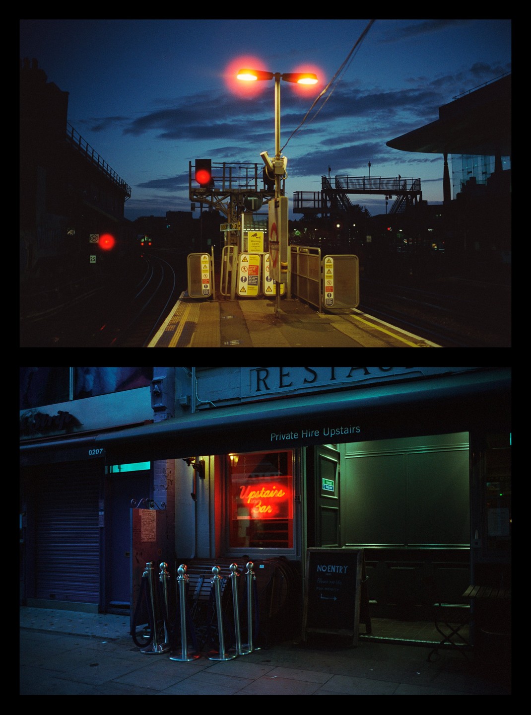 Two night scenes show a train platform with red lights and a street with a bar sign.