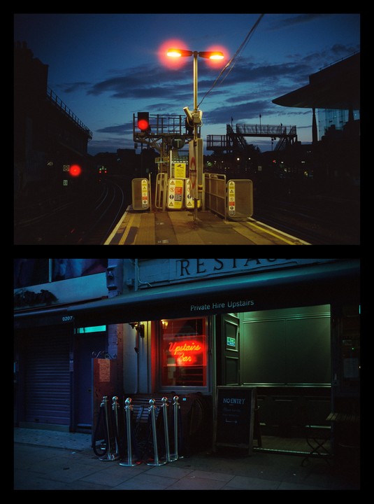 Two night scenes show a train platform with red lights and a street with a bar sign.