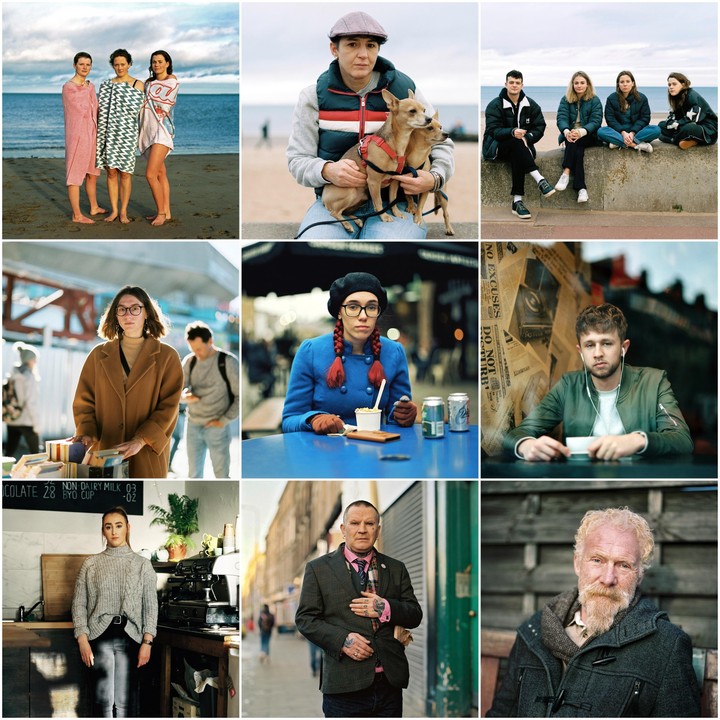 A grid of nine portraits features various people in different settings, including a beach, a street, and a cafe.