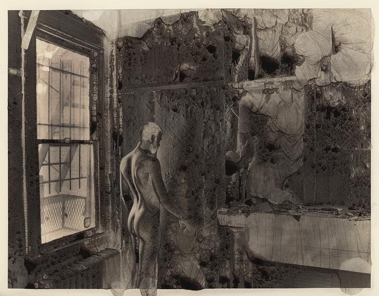 A nude man stands in a room with a window and textured walls, with a distorted figure visible on the right.