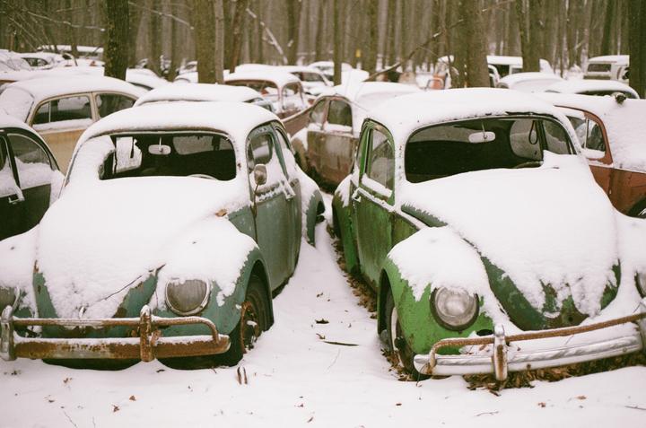 Two snow-covered Volkswagen Beetles are parked in a forest.