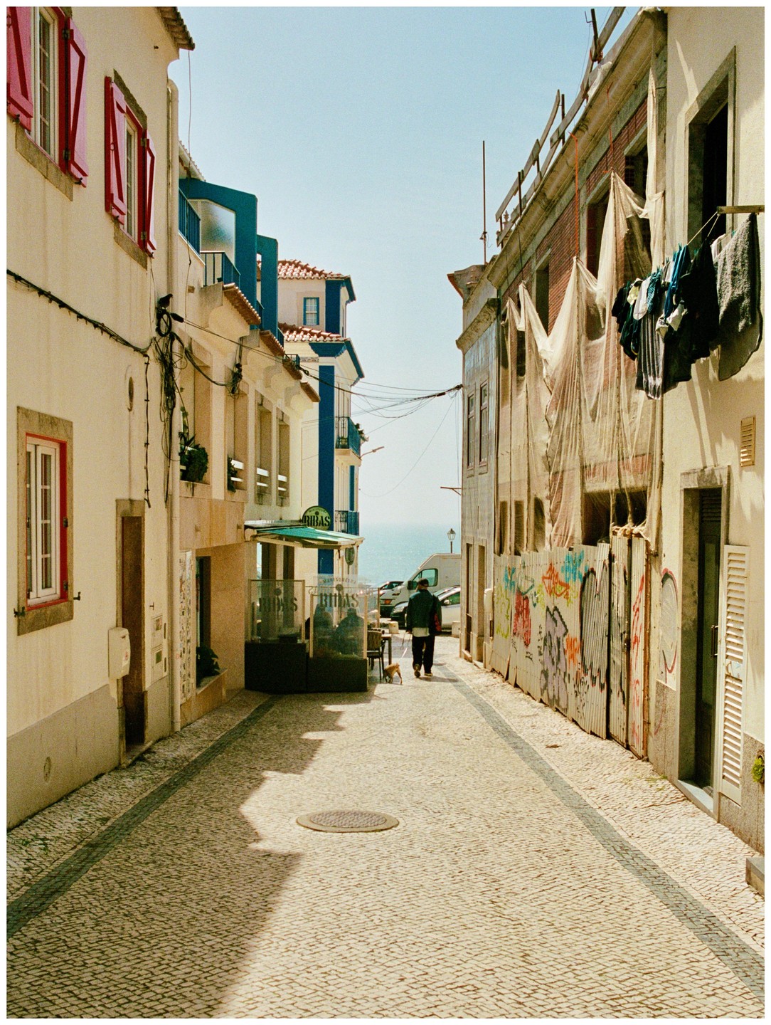 A man walks a small dog down a narrow, cobblestone street lined with buildings, with the ocean visible in the distance.