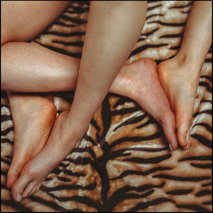 Two pairs of legs and feet are intertwined on a tiger print blanket.