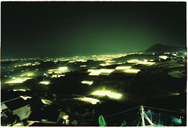 A long exposure shot captures a hillside covered in glowing greenhouses at night, with a mountain in the distance.