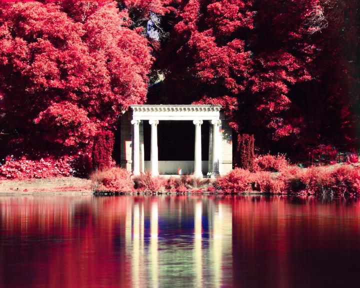 A white classical structure with columns stands at the edge of a body of water, surrounded by vibrant red foliage.