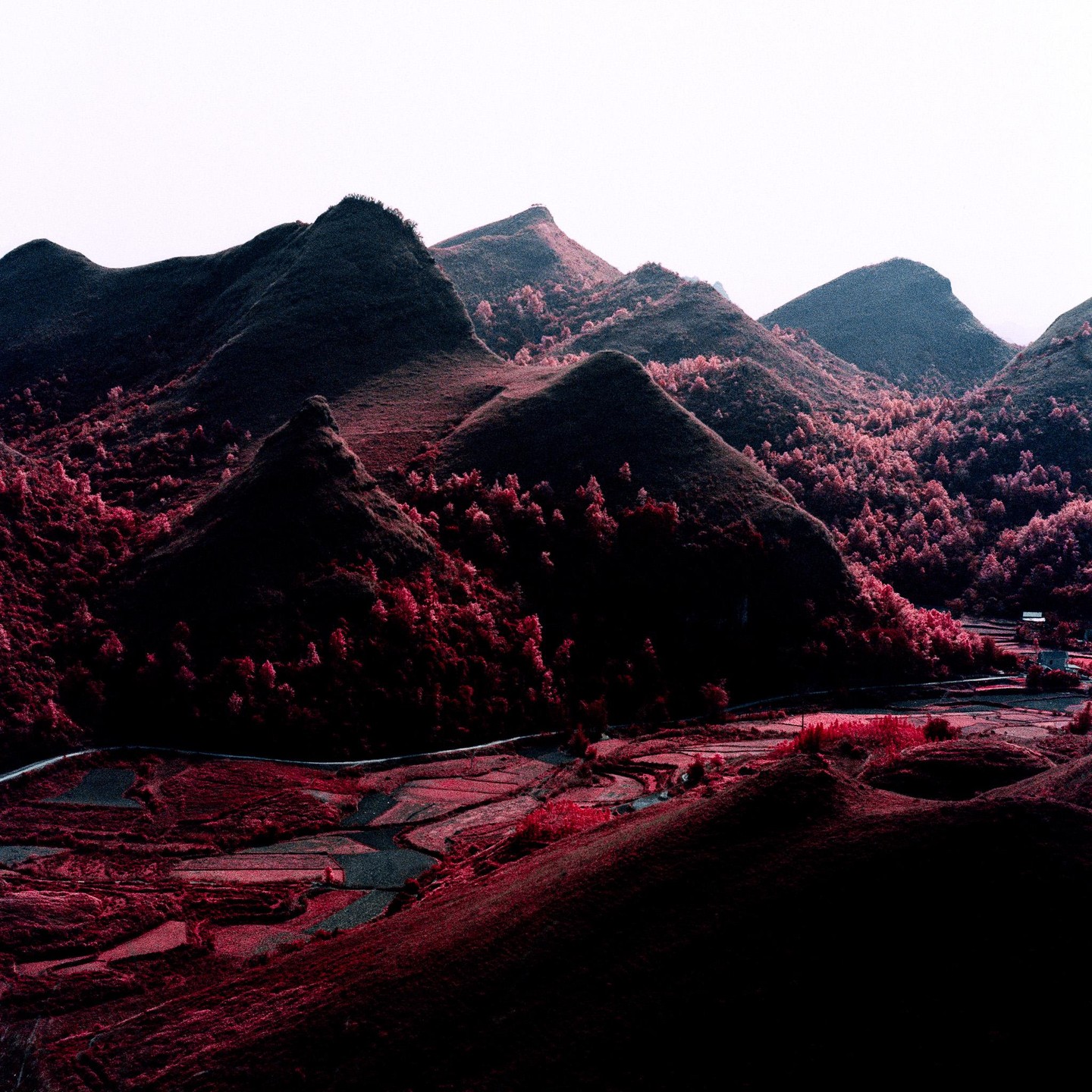 A winding road passes through a valley surrounded by mountains with red foliage.