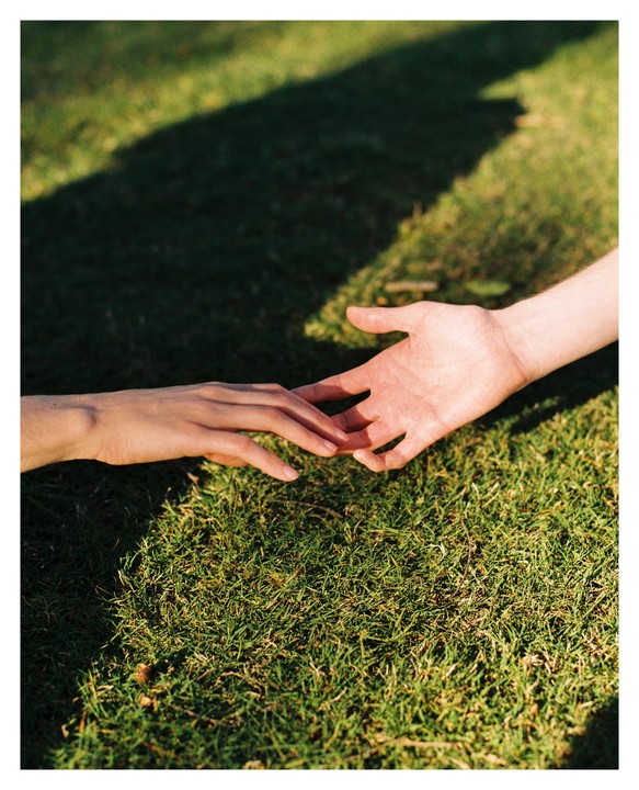 Two hands reach out to touch each other on a grassy lawn with long shadows.