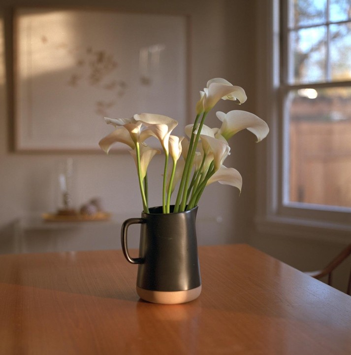 A black pitcher filled with white calla lilies sits on a wooden table, illuminated by sunlight streaming through a window.