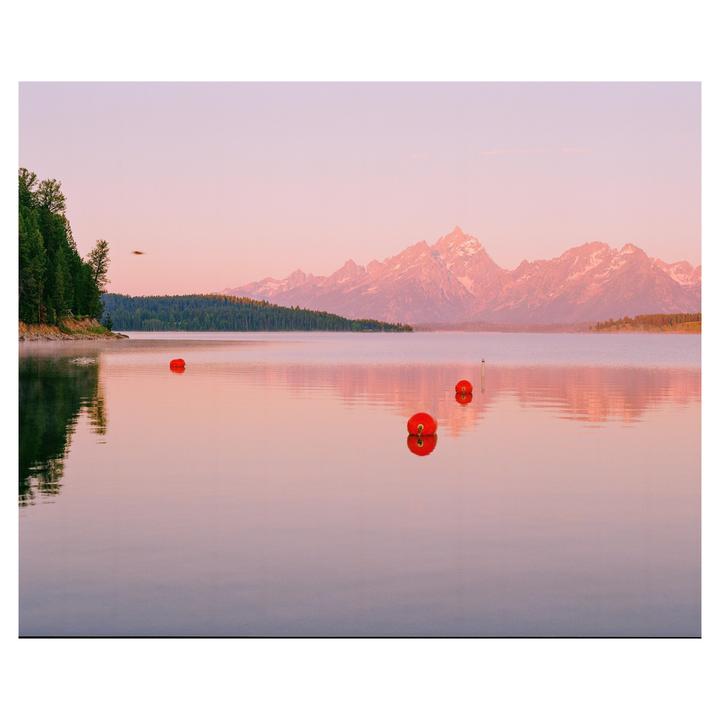 Three red buoys float on a calm lake with mountains and trees in the background under a pink sky.