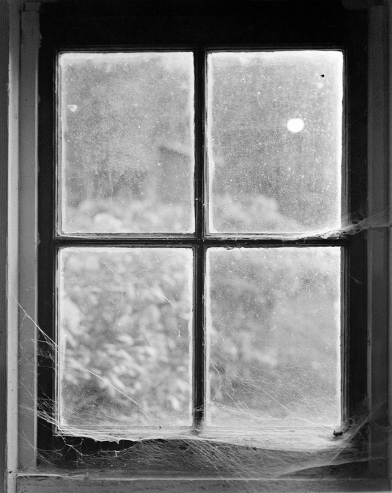 A dirty window with four panes is covered in cobwebs.