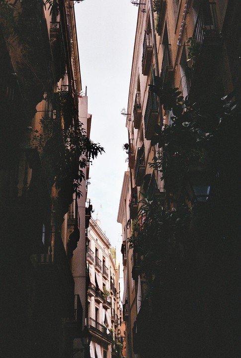 A narrow street in Barcelona is flanked by tall buildings with balconies and plants, with a sliver of sky visible above.