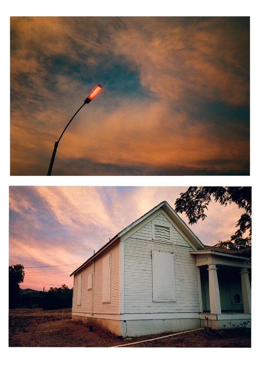 A diptych shows a street light against a cloudy sky and a white house with boarded windows at dusk.