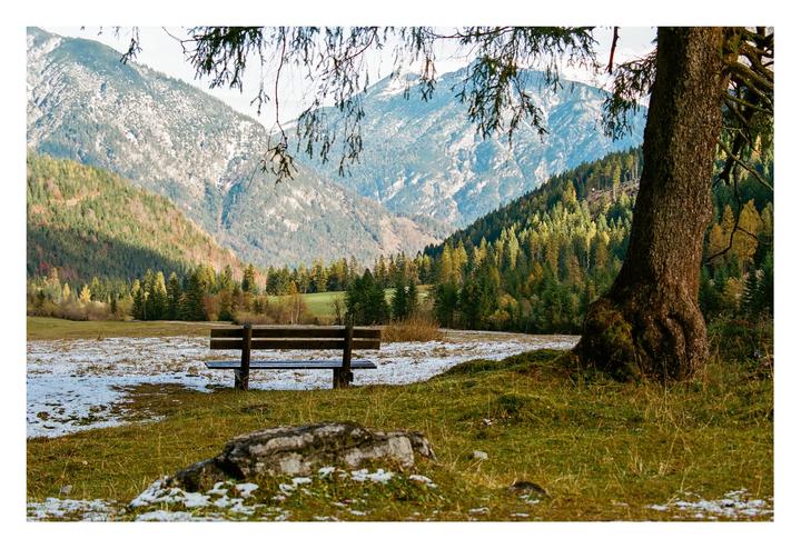 A wooden bench sits in a field with patches of snow, surrounded by mountains and a forest.